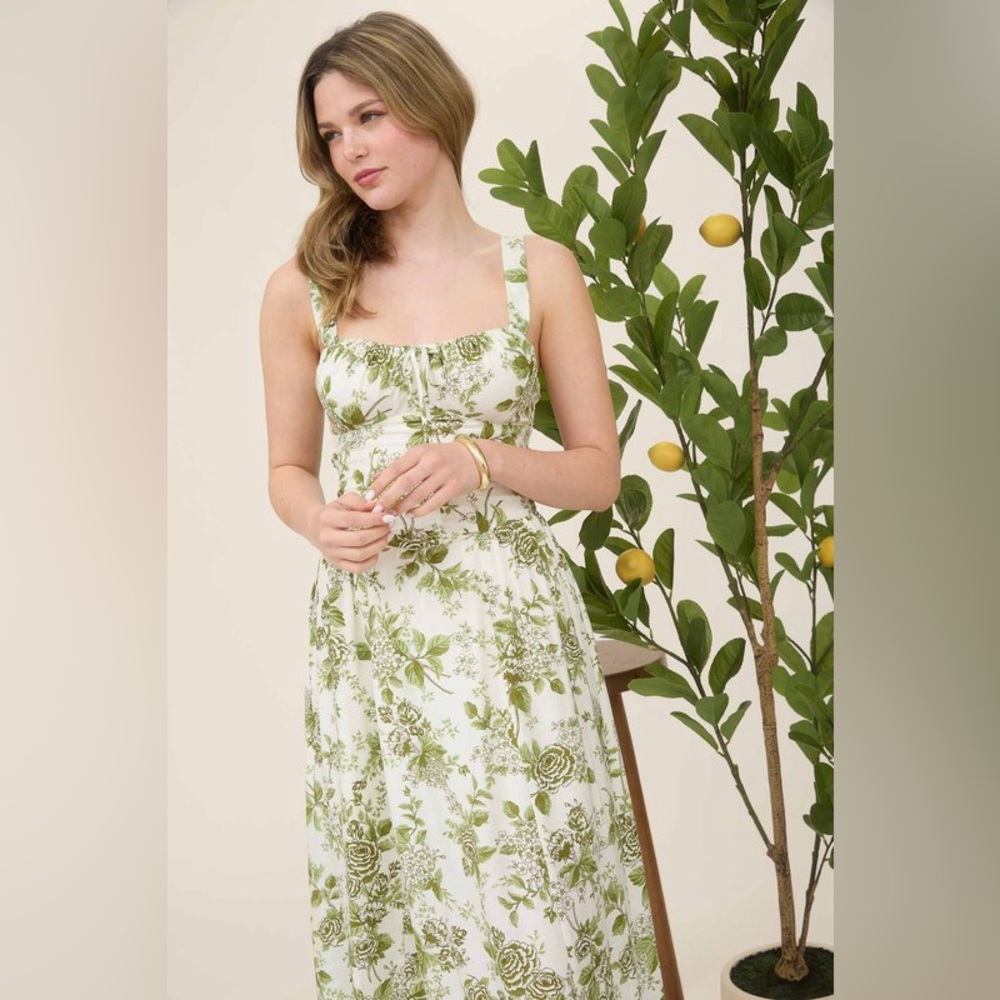 Floral Green and White Maxi Dress - Sleeveless Square Neck - Picture 5 of 5